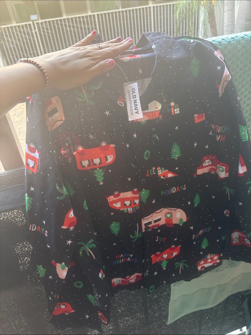 Old Navy Black Holiday Camper Print Pajama Shirt with Red and Green Accents